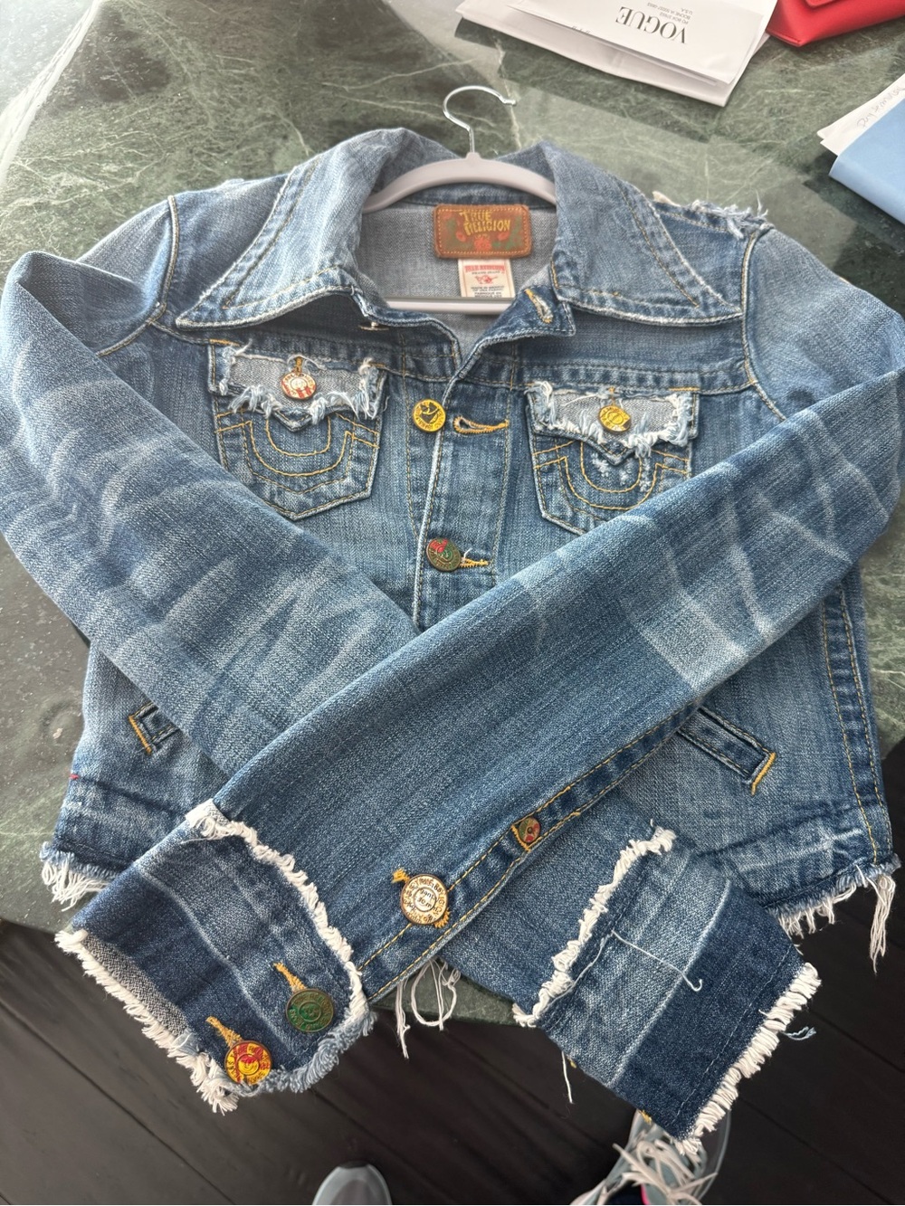 Rare Y2K True Religion Distressed Cropped Denim Jacket XS - Picture 2 of 13